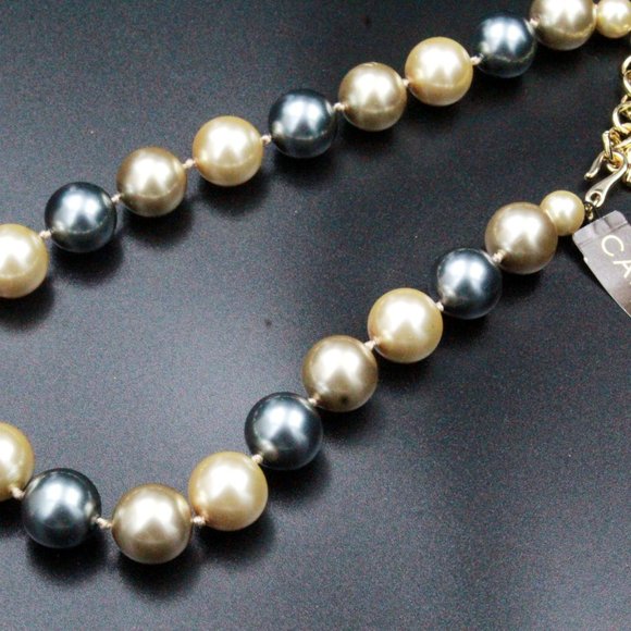 Carolee Designer Signed Faux Pearl Glass Grey Champagne Large Bead NOS Necklace - Picture 10 of 16